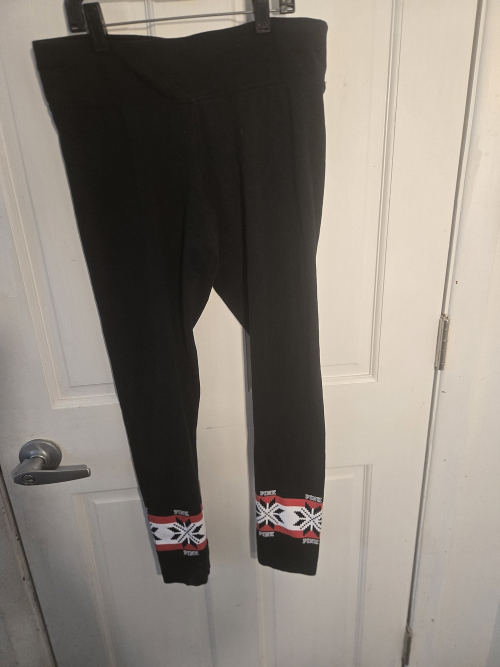 Victoria's Secret Black Leggings with Red & White Trim Cuff  With Pink Logo